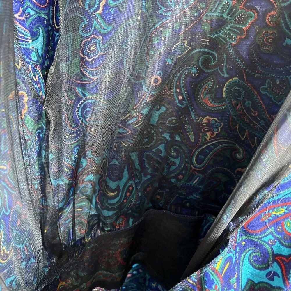 70s‎ Dress M/L Hippy Paisley Vintage Floral Boho Maxi Long Sleeve Blue Purple